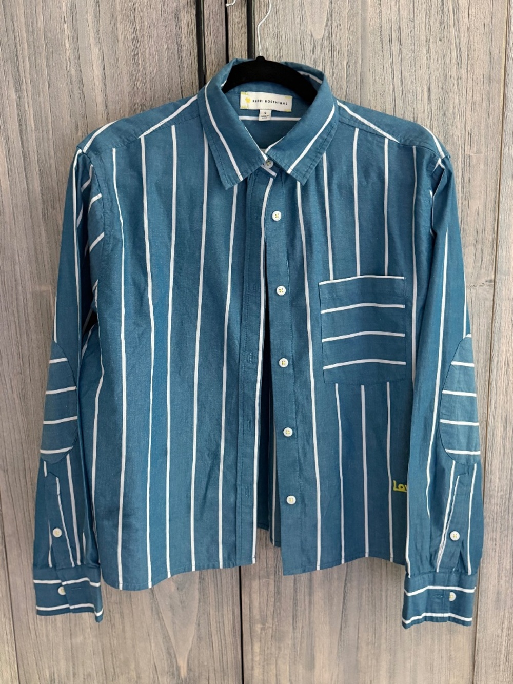 Kerri Rosenthal Striped Print Buttondown Short Sleeve Blouse